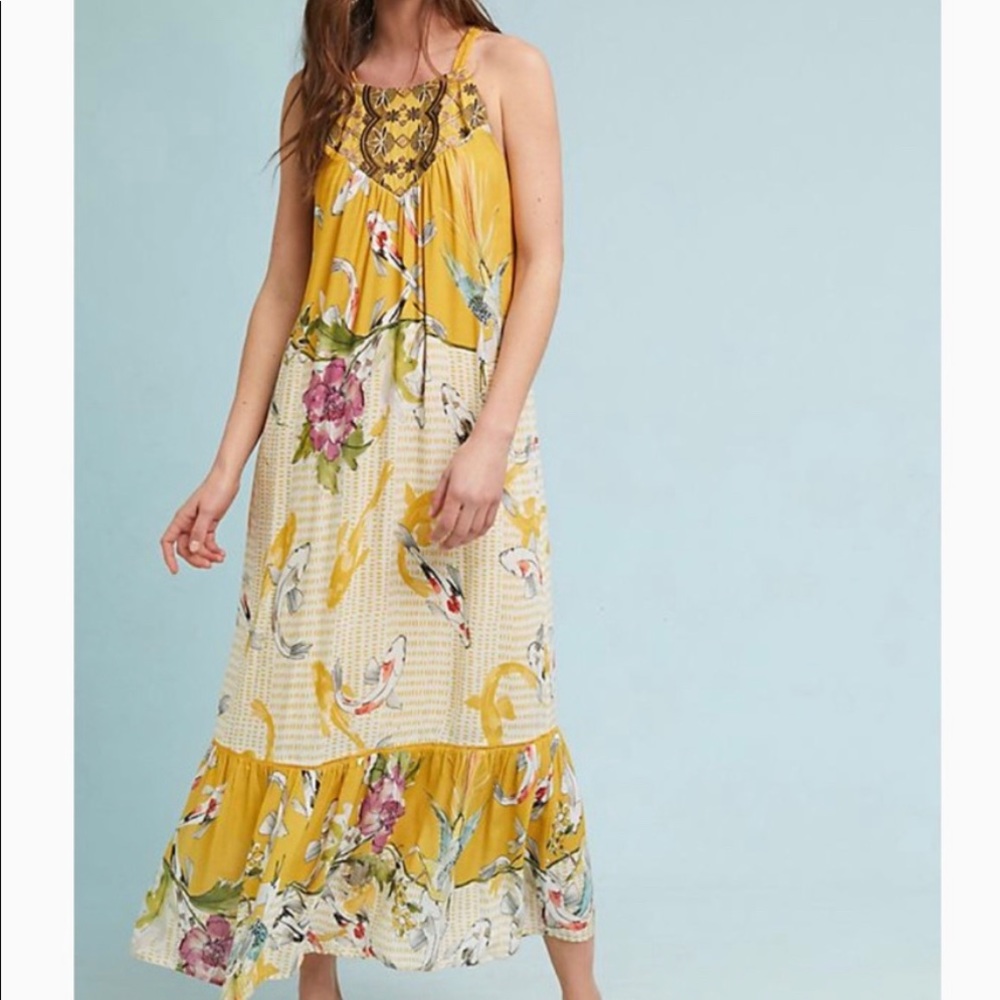 Anthropologie Embroidered Koi Fish Maxi Dress